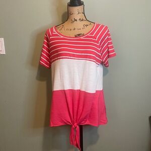 Watermelon Womens Casual Everyday Colorblock Striped Tie Hem T-Shirt Red Large